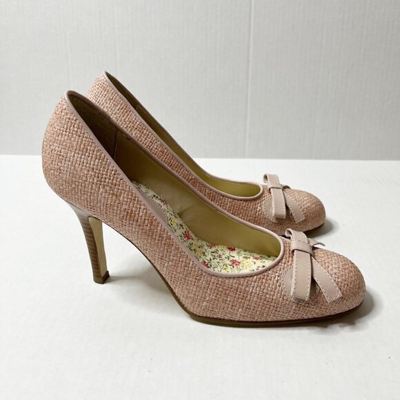 Amanda Smith Women's Belle High Heels Size 8M Pink Raffia Bow Straw Tweed Pumps - Picture 3 of 12